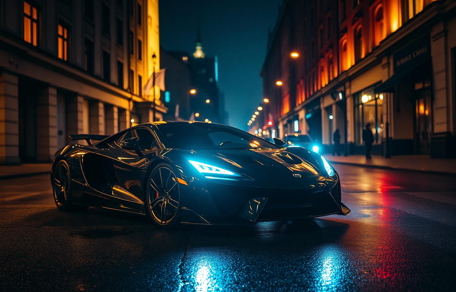 Black luxury supercar on a city street at night