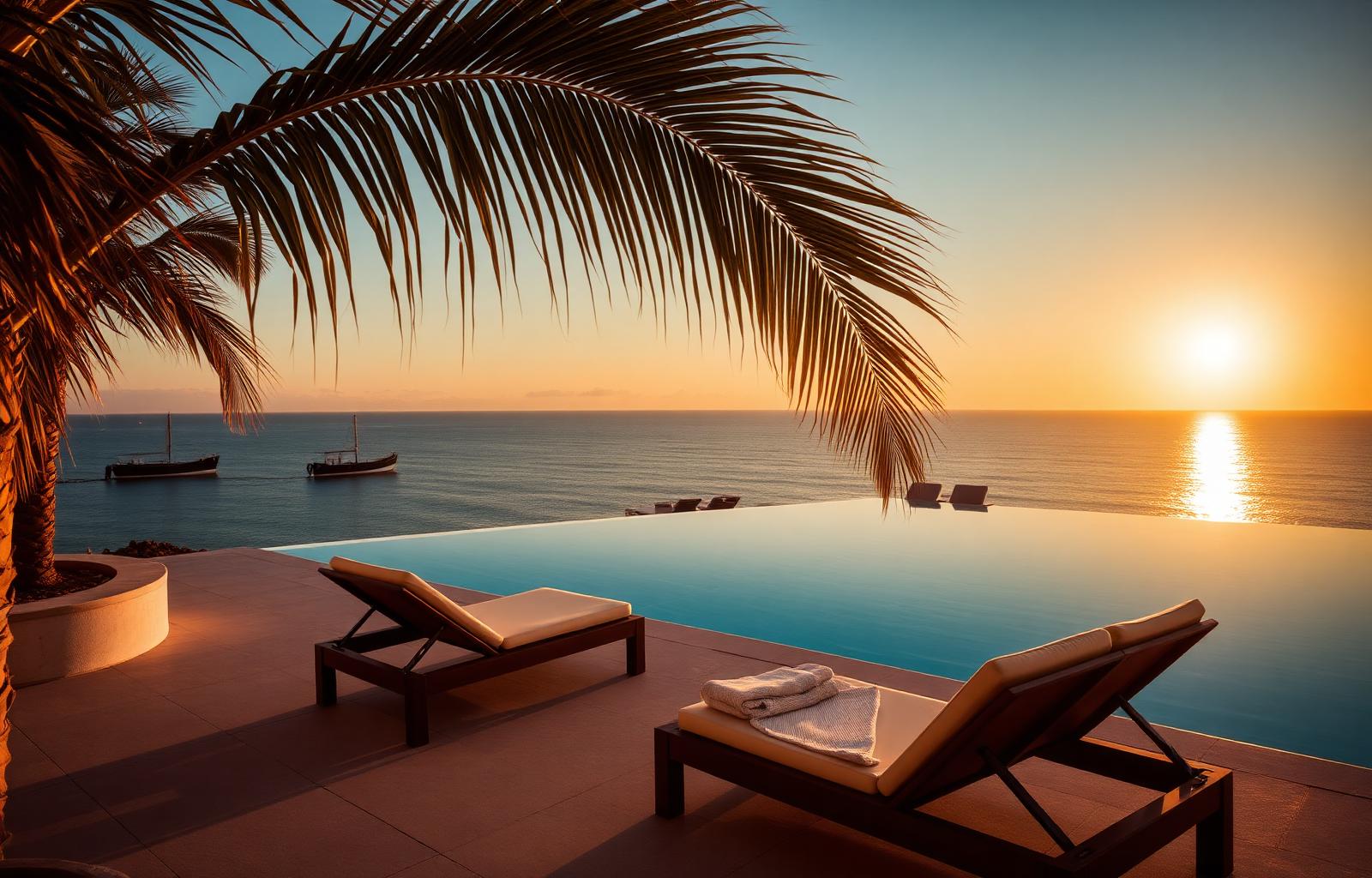 Luxury sunbeds by an infinity pool at sunset