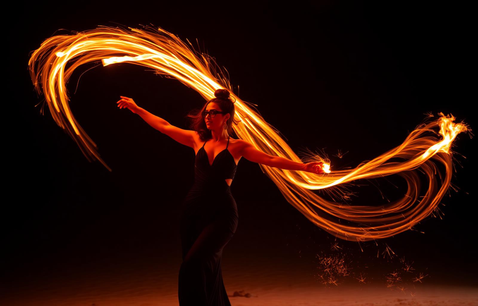 Fire dancer performing at a luxury beach event at night