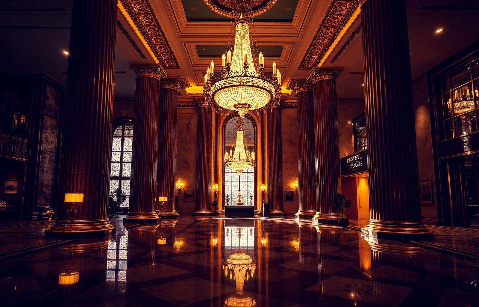 Opulent luxury hotel lobby with chandelier and marble floors