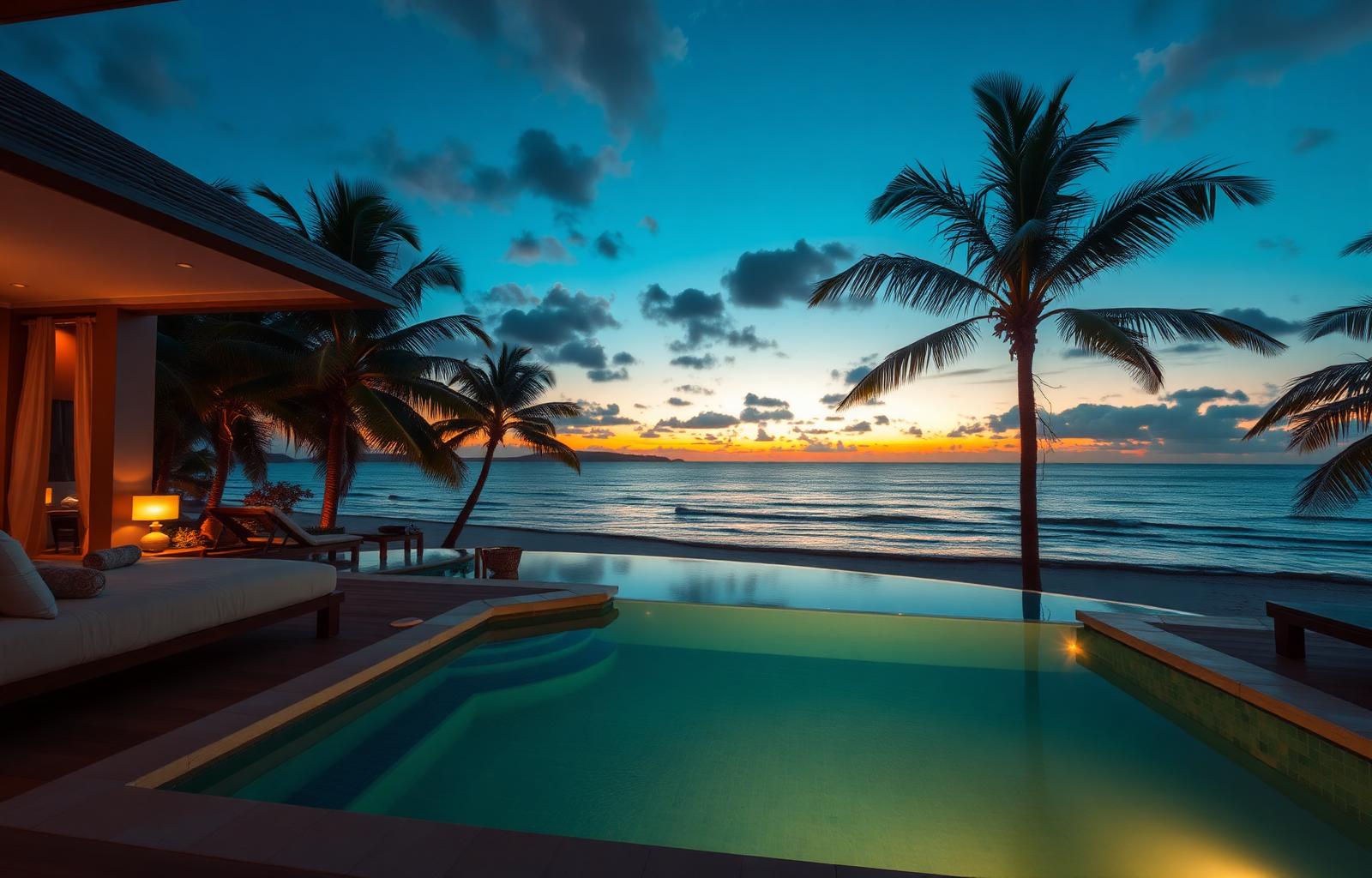 Luxury beachfront villa with private infinity pool at sunset